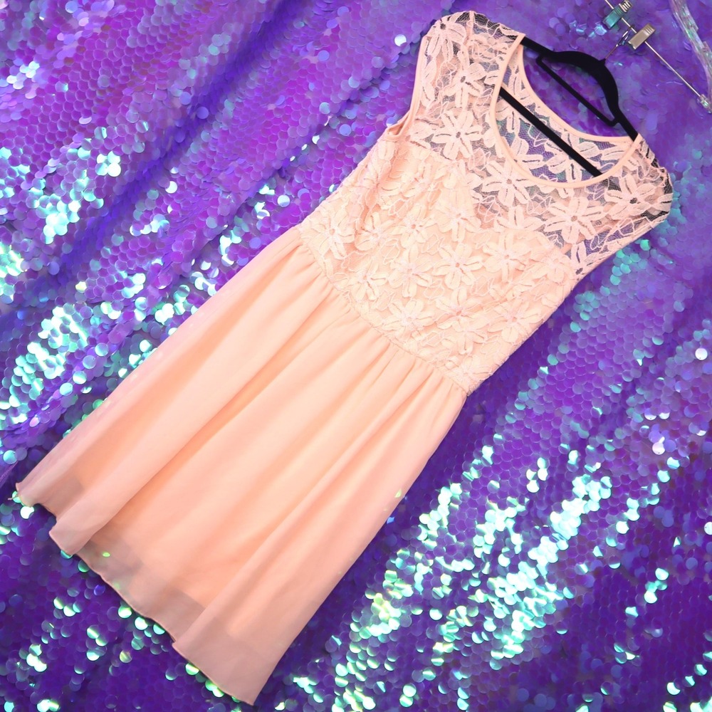 Deb Lace Yoke Chiffon Dress Coral Peach Cap Sleeve Women's Style D14086X